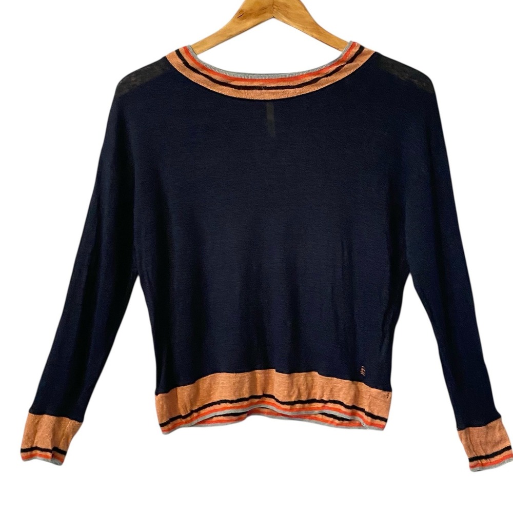 Bellerose Senia Navy Linen Sweater‎ Size 2 Orange Stripe Trim Lightweight